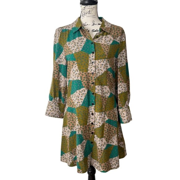 Natural Life Womens Mini Shirt Dress Tunic Button Up Patchwork Green Tan Size S - Picture 1 of 7